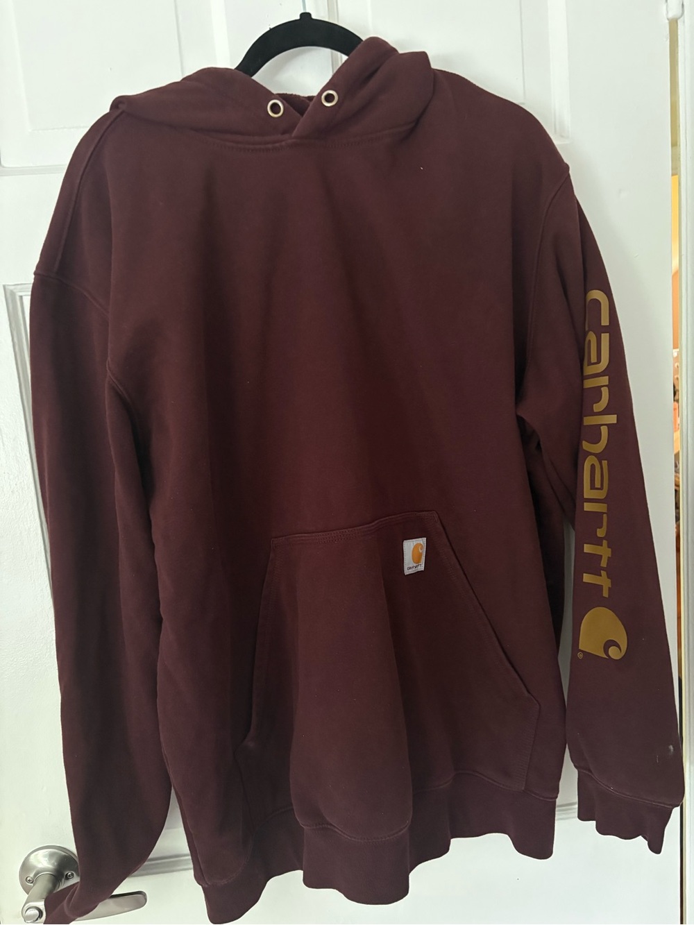 Carhartt Men's Burgundy Pullover Hoodie with Gold Sleeve Logo